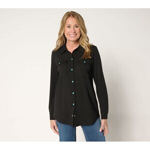 Maya J Women's Top Sz L Slub Knit Cabochon Snap Front Shirt Black A703678